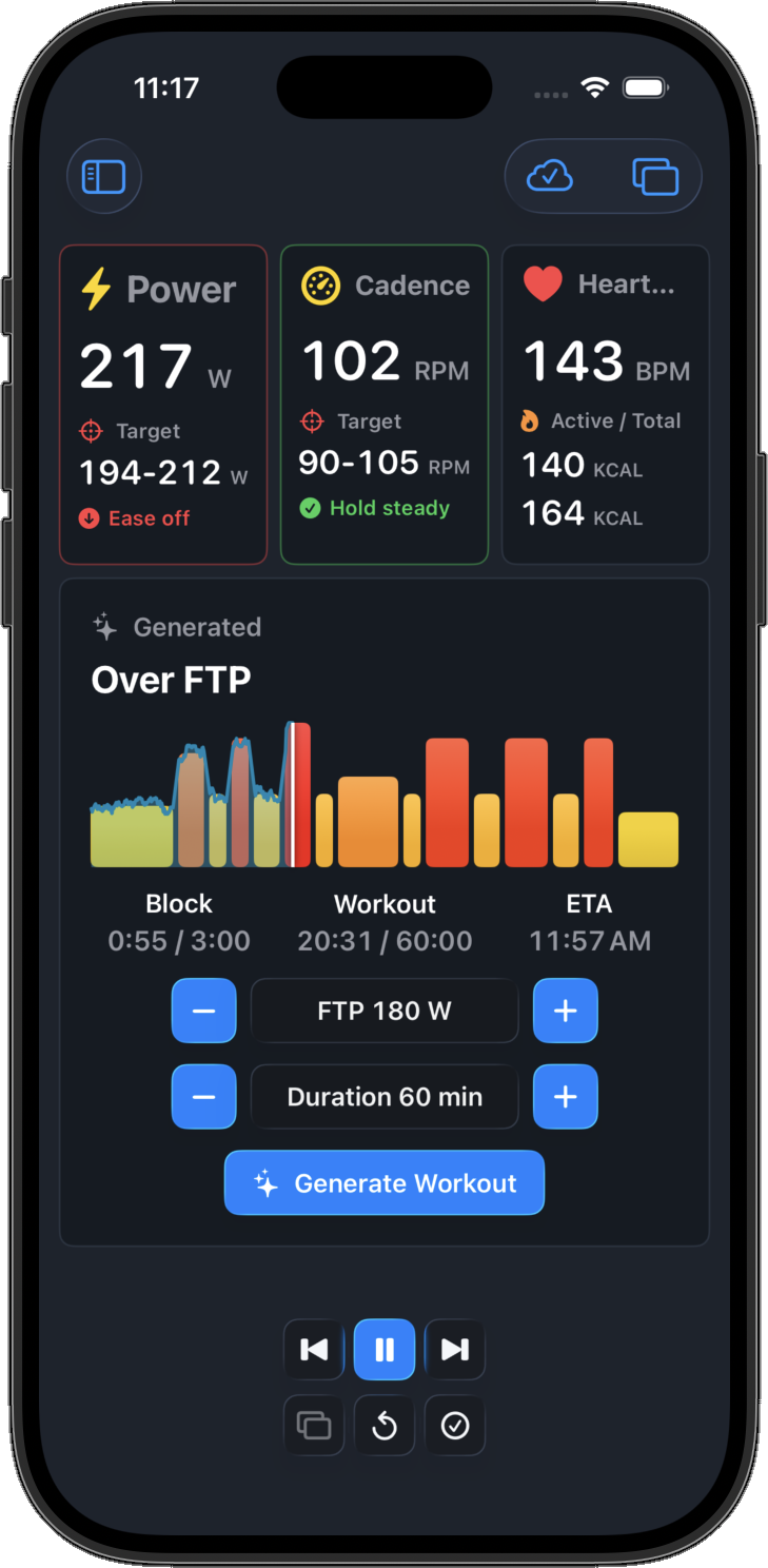 Ride Blocks on iPhone showing live power, cadence, heart rate, and workout controls