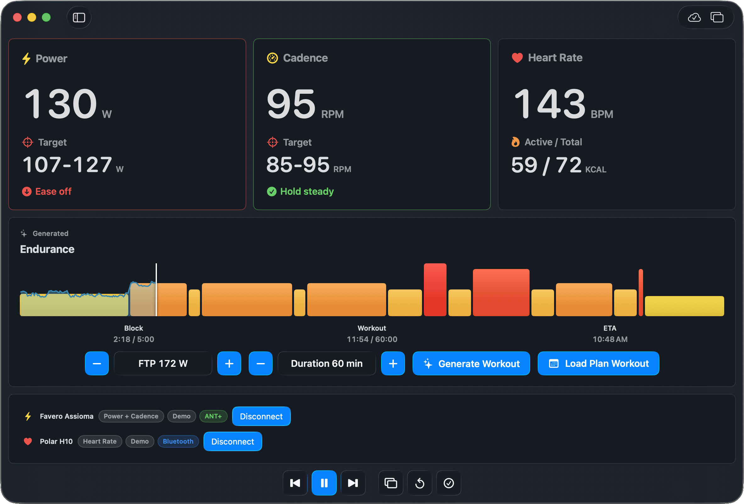 Ride Blocks on Mac showing live power, cadence, heart rate, and the interval timeline during a workout