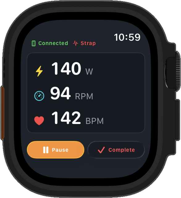 Ride Blocks on Apple Watch showing live power, cadence, and heart rate